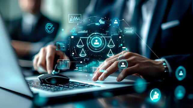 Digital Justice: A lawyer in a dark suit, working on a modern laptop, navigating the digital realm of law with innovative software, a compelling blend of tradition and technology.  - Powered by Adobe