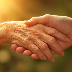 Fototapeta premium Close-Up: Young Hand Gently Holding Elderly Wrinkled Hand