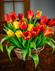 Vibrant tulips in a basket, wooden table centerpiece, bloom, table decoration