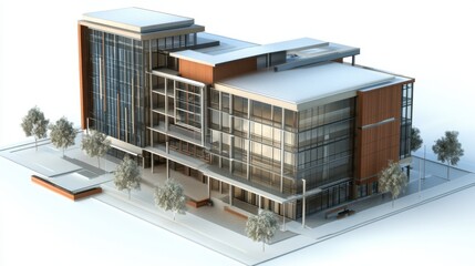 A D rendering of an architectural structural model for a modern commercial building.