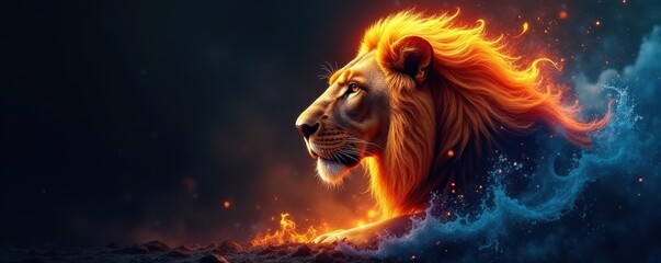 Majestic lion's head, fire and water elements merge, dramatic, graphic