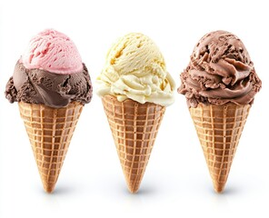 Three Ice Cream Cones with Different Flavors Isolated on White Background