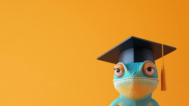 Colorful chameleon wearing a graduation cap, symbolizing education and achievement against a vibrant orange background, showcasing a playful and inspirational tone