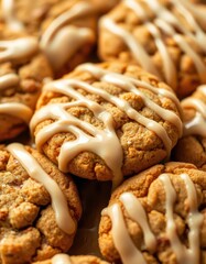 Close-up of warm spiced cookies drizzled with creamy beige maple icing, showcasing texture and detail, bakery, pastry
