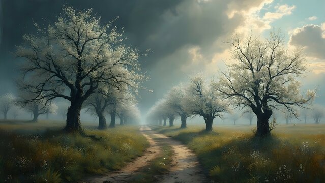 Spring orchard with white blossoms on dirt road 