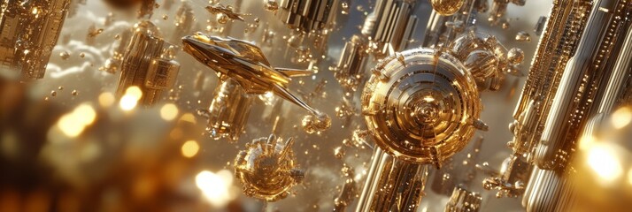 Golden spaceships soar through futuristic golden city.