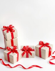 Eco-friendly gift boxes with red ribbons, white background, knot, bow, festive