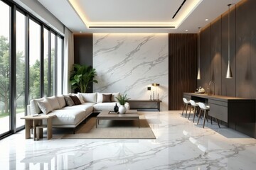 Fototapeta premium Sleek marble floors, modern furniture, minimalist decor, rug, contemporary