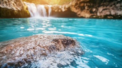 Obraz premium Clear turquoise water flows over rocks at a serene waterfall surrounded by lush vegetation on a sunny day