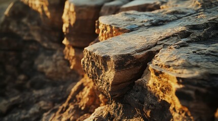 Fototapeta premium Details of a rugged rock formation at sunset with warm light illuminating the textures and patterns in the stone