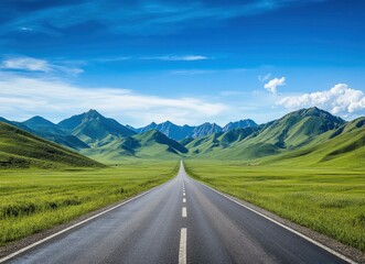 Naklejka premium Driving on Long Asphalt Road Towards Green Mountains and Blue Sky