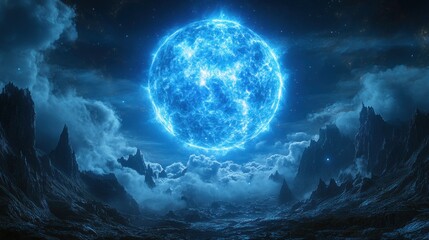 Fototapeta premium Celestial Enigma: A Glowing Blue Orb Dominates a Mystical, Dark Landscape