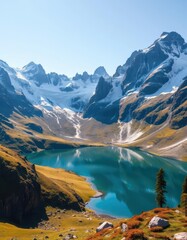 Jagged peaks, snow-capped, alpine meadows, glacial lake, alpine, breathtaking