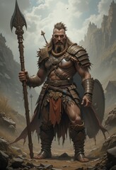 Fototapeta premium Strong Warrior Holding Spear Standing in Canyon Landscape Ready for Battle