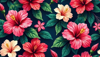 Intricate hibiscus blossoms, lush leaves, vibrant repeat pattern , background, pistil, petal
