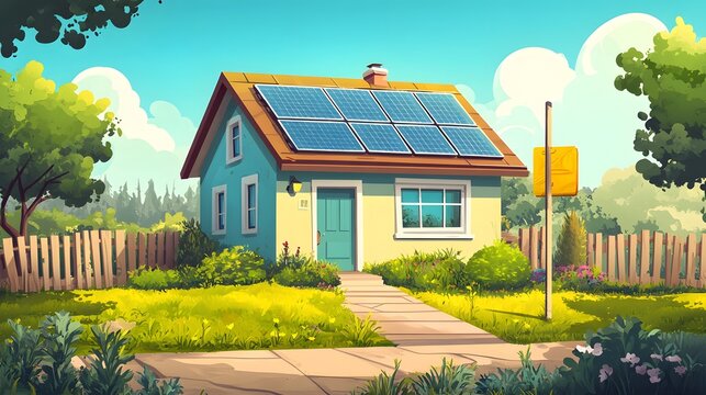 Energy positive cartoon vector of BEPOS building for sustainability concepts