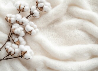Cotton Plant Arrangement on Soft White Wool Texture Background Top View