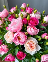 Fototapeta premium A vibrant bouquet of pink peonies and roses, lush and fresh, with ample empty space, photography, high resolution, plant