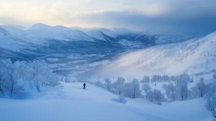Fototapeta premium Lone skier on snowy mountain with frosted trees and distant peaks