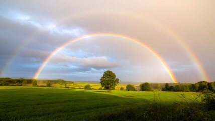 Naklejka premium Rainbow Over Green Field A Peaceful Landscape. Nature's Beauty Shines Through. Soft Light Enhances The Scene. Serene, Vivid, And Uplifting View Outdoors. Distant Trees Add Depth.