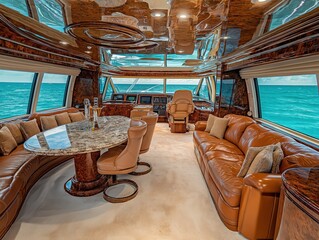 Fototapeta premium Luxury yacht interior with leather seating, marble table, and panoramic ocean views