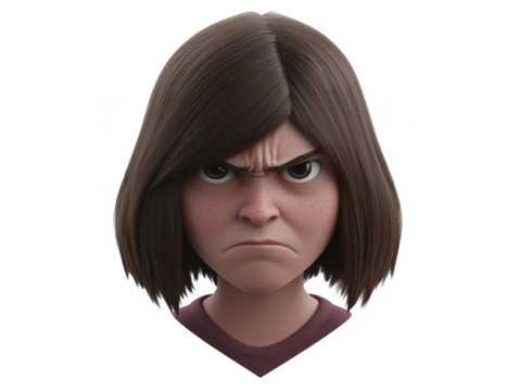 3D Render of Angry Woman Portrait with Brown Hair and Freckles Isolated