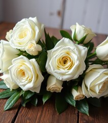 Obraz premium Elegant white roses arranged on rustic wooden table, light, background, photography