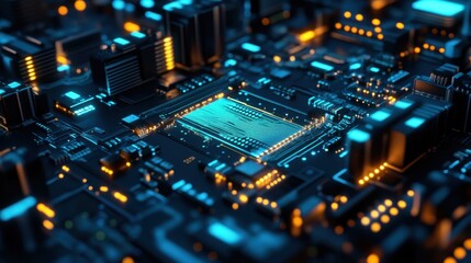 Obraz premium A computer processor with holographic projections of circuit data streams.