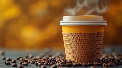 Fresh Coffee Cup with Steam and Beans