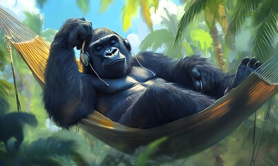 An animated gorilla relaxing in a hammock listening to music