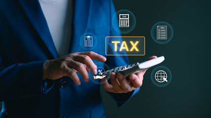 E-tax, Businessman show TAX for Individual income tax return form online for tax payment concept. Government, state taxes. Data analysis, paperwork, financial research, report. Calculation tax return.