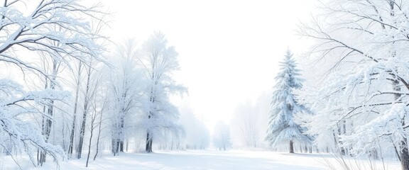 Snowy winter wonderland, frosted trees against a bright white background, photograph, imagery