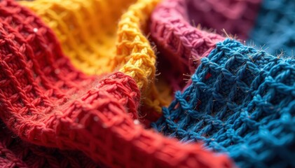 Intricate woven textile closeup, showing texture and color variations, organic, yarn, fiber