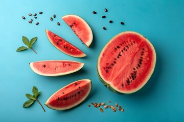 Sliced watermelon with seeds and mint on blue background