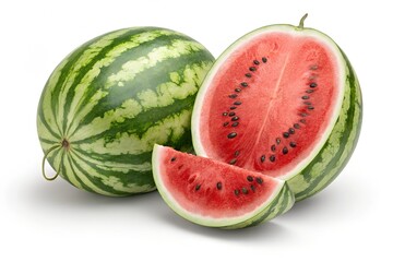Whole and sliced watermelon on white background