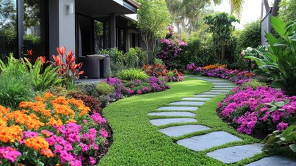 Serene Garden Path: A Tapestry of Blossoms and Greenery