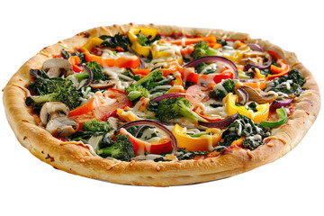 Colorful veggie pizza with bell pepper, broccoli, and mushroom toppings isolated on transparent background