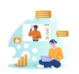 Woman working on laptop and man on screen with icons, speech bubbles, and chart, flat graphic style, on abstract dotted background. Concept of remote teamwork. Vector illustration