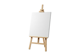 A blank white canvas on a wooden easel stands against a stark black background ready for artistic creation