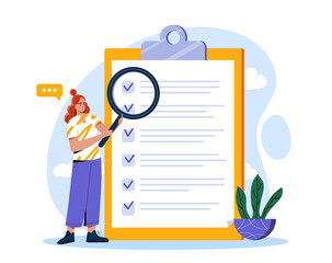 Woman holding magnifying glass examining large checklist on clipboard, flat cartoon style, abstract blue background, concept of task management and planning. Vector illustration