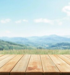 Wooden Table with Blurry Mountain Meadow Scenery for Product Display