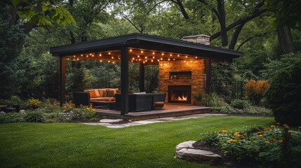 Serene Backyard Oasis: Modern Gazebo with Fireplace