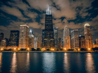 Fototapeta premium Chicago’s skyscrapers by Lake Michigan at night