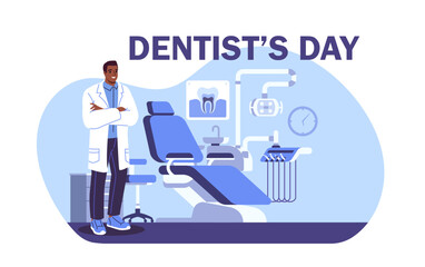 Male dentist with folded arms standing beside dental chair in a modern clinic with dental tools and equipment, in flat cartoon style, on white backdrop. Vector illustration