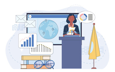 Woman giving a speech at a podium with graphs, charts, emails, and globe icons in background, flat style on abstract backdrop. Concept of business analysis. Vector illustration