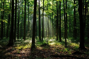 Obraz premium Serene forest scene with sunlight filtering through dense canopy and lush undergrowth