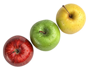 Three apples of different colors red green and yellow arranged in a row top view close up shot transparent background