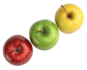 Three apples of different colors red green and yellow arranged in a row top view close up shot transparent background