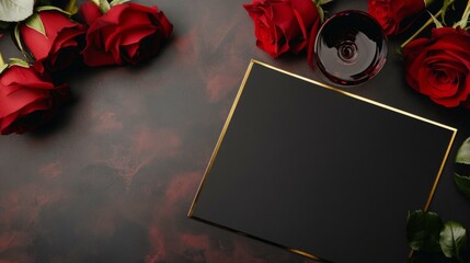  Elegant wedding menu mockup with red roses and wine on dark textured background for romantic event design.