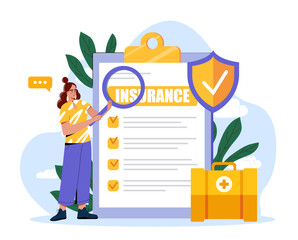 Woman holding magnifier inspecting large insurance form with checklist, shield, and medical briefcase icon, flat graphic style on white background. Concept of health insurance. Vector illustration